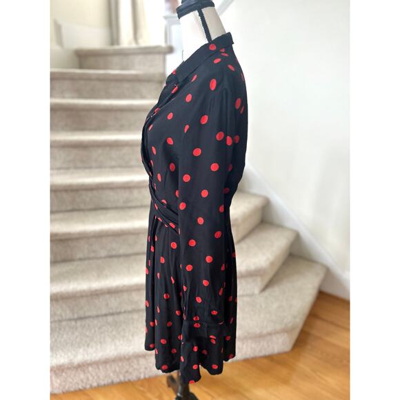 GANNI Black & Red Polka Dot Ruched Long Sleeve Mini Dress - Picture 3 of 8